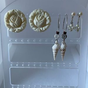 Seashell dangling, White enamel rose flower, White faux Pearl back post
